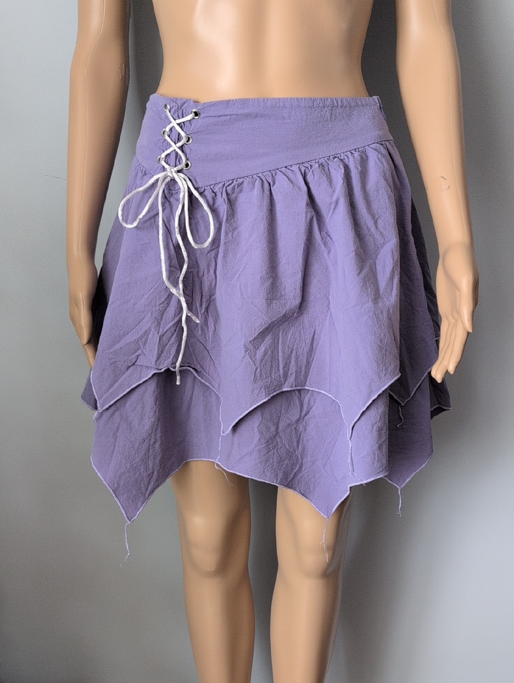 Whimsical Fairycore Pixie Mini Skirt - Gauze Cotton Blend Layered Hem Lace Up - Picture 3 of 11